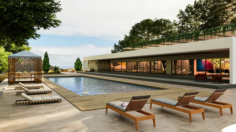 Moradia moderna com piscina e espreguiçadeiras