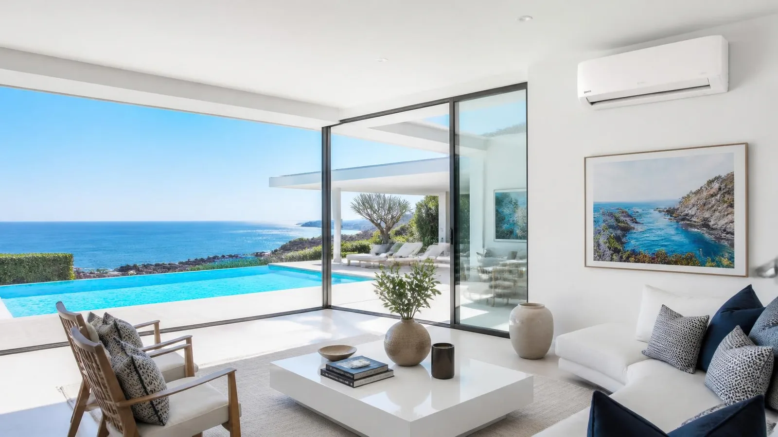 Sala de uma moradia moderna no Algarve com ar condicionado de parede e vista para a piscina e o mar
