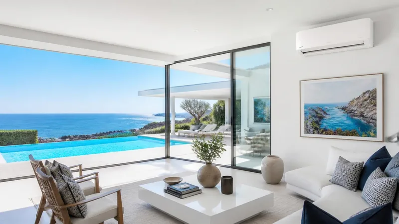 Sala de uma moradia moderna no Algarve com ar condicionado de parede e vista para a piscina e o mar
