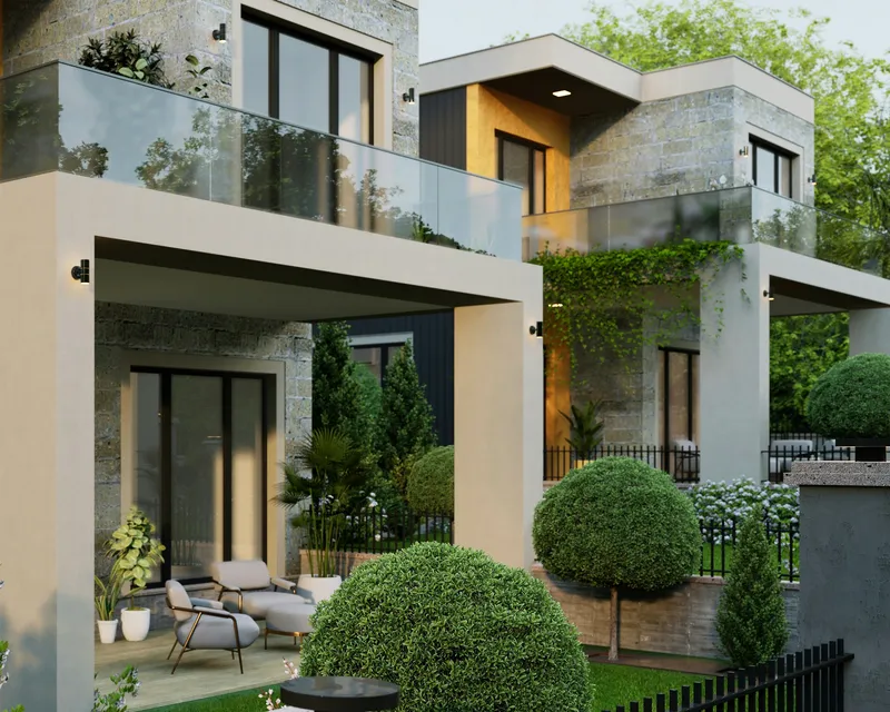 Casa moderna rodeada de vegetação